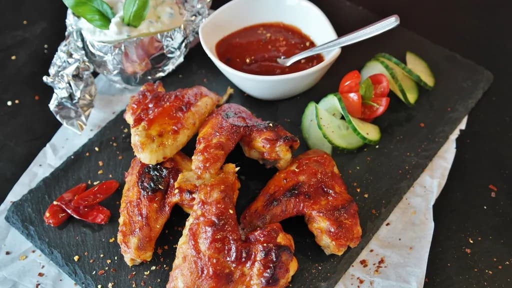 Alitas BBQ x8: Ocho alitas bañadas en salsa BBQ y terminadas al carbón, con papas a la francesa