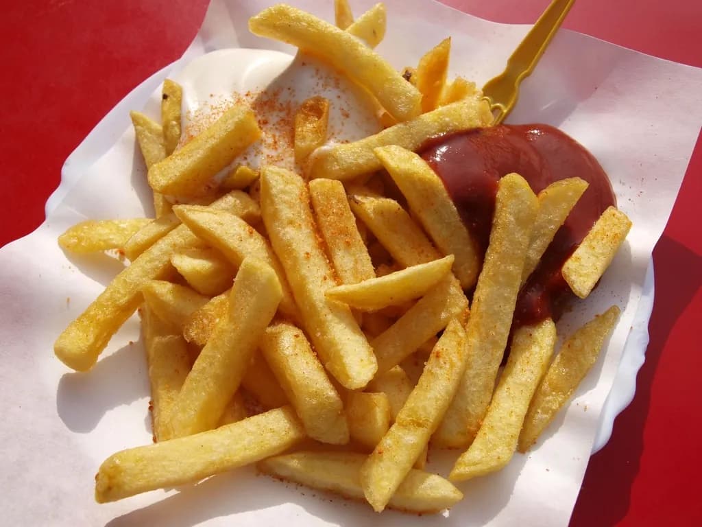 Salchipapa Pocho: Papas a la francesa doraditas con salchicha en rodajas, queso rallado y las sals