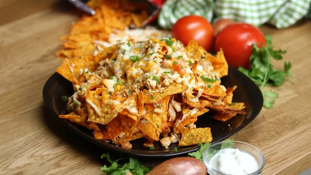 Nachos Pocho: Totopos de maíz con carne desmechada, queso cheddar fundido, guacamole, pico de 